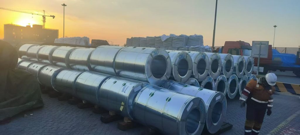 CNU-marked wrapped coils arranged in the dispatch yard.